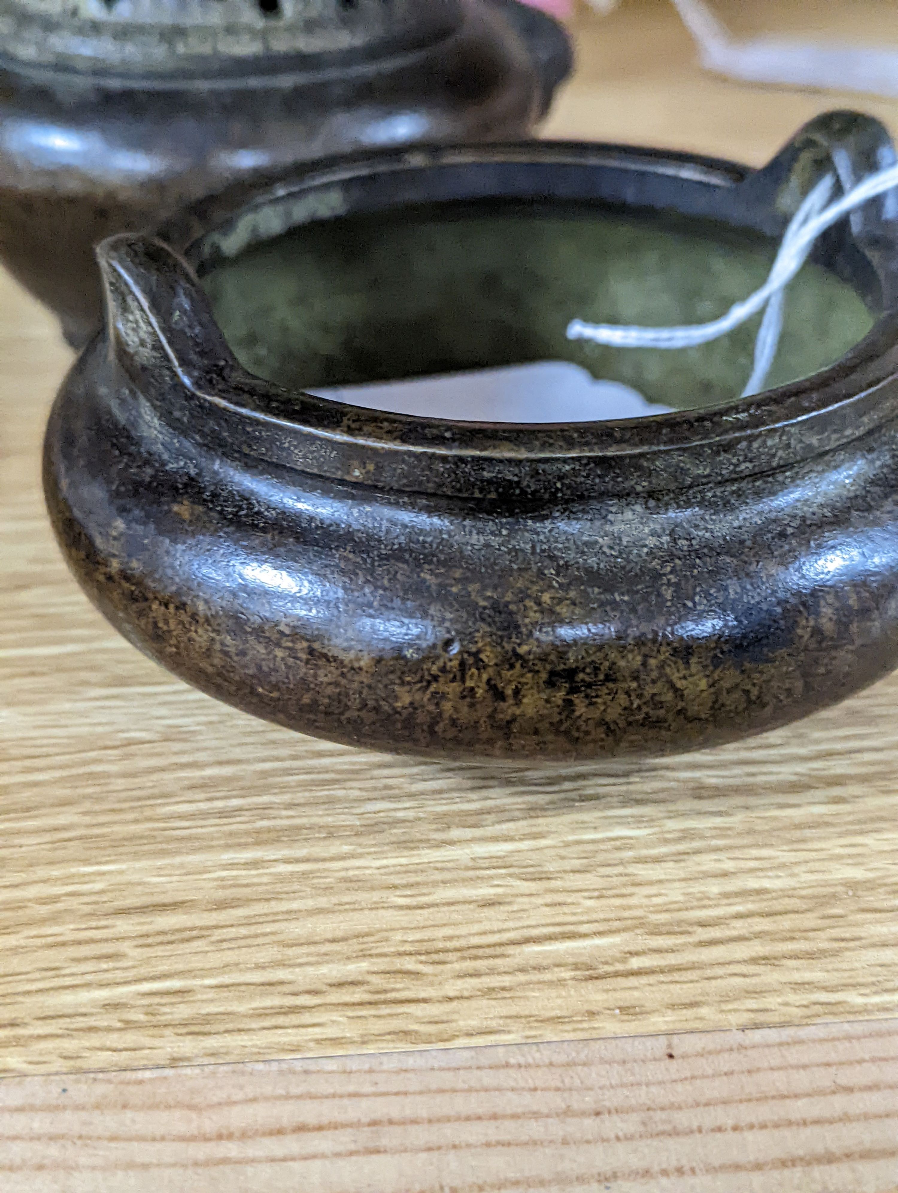 A Chinese bronze tripod censer and a Chinese bronze censer and cover 11cm